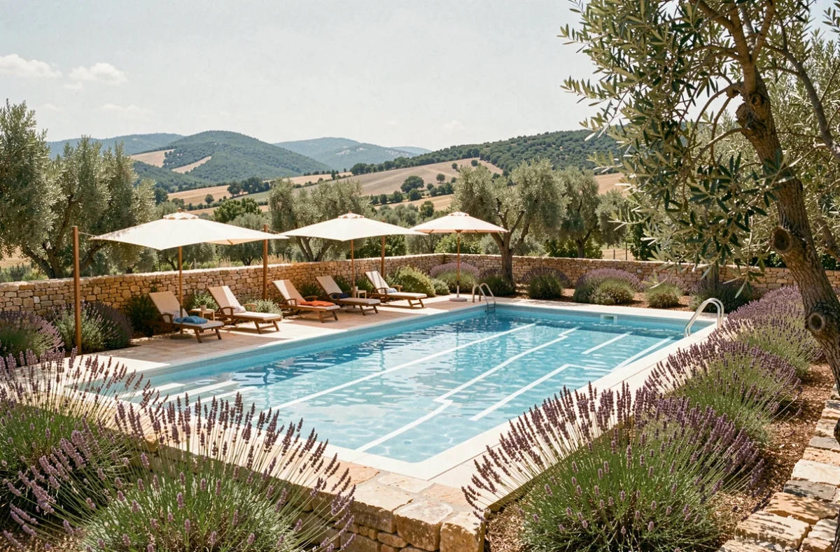 Piscine du camping La Vallée Heureuse Pausado à Orgon en Provence intérieure entourée d'oliviers et de lavande