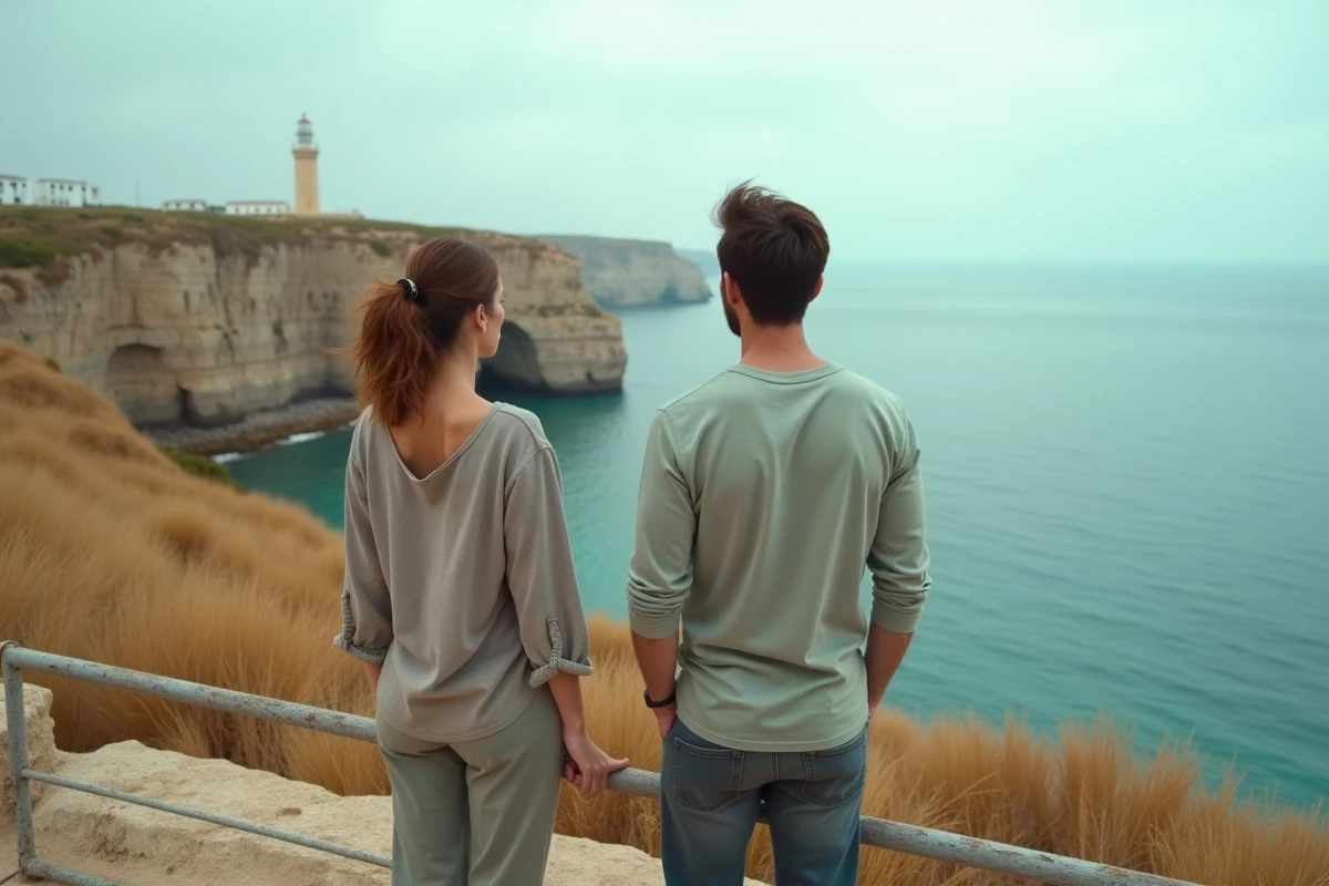 Deux voyageurs contemplant la rencontre de l'Atlantique et de la Méditerranée depuis Cap Spartel à Tanger
