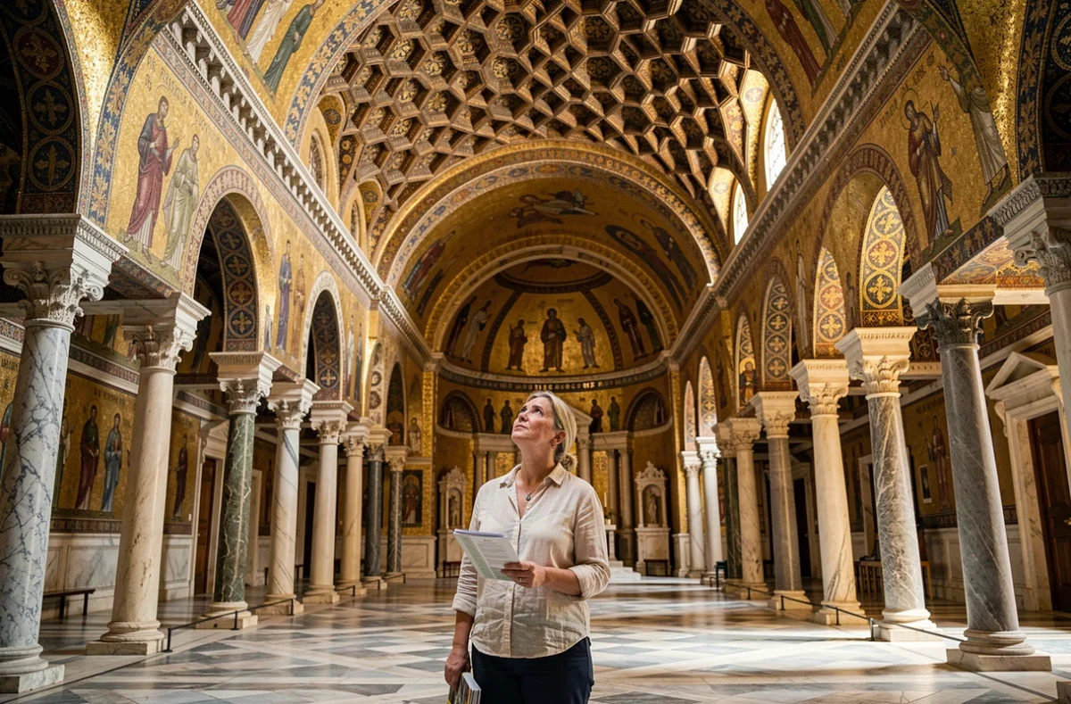 Intérieur de la Cappella Palatina au Palais des Normands de Palerme avec mosaïques byzantines dorées et touriste en contemplation