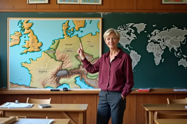 Enseignante pointant une carte physique de l'Allemagne accrochée au mur d'une salle de classe, montrant fleuves et frontières