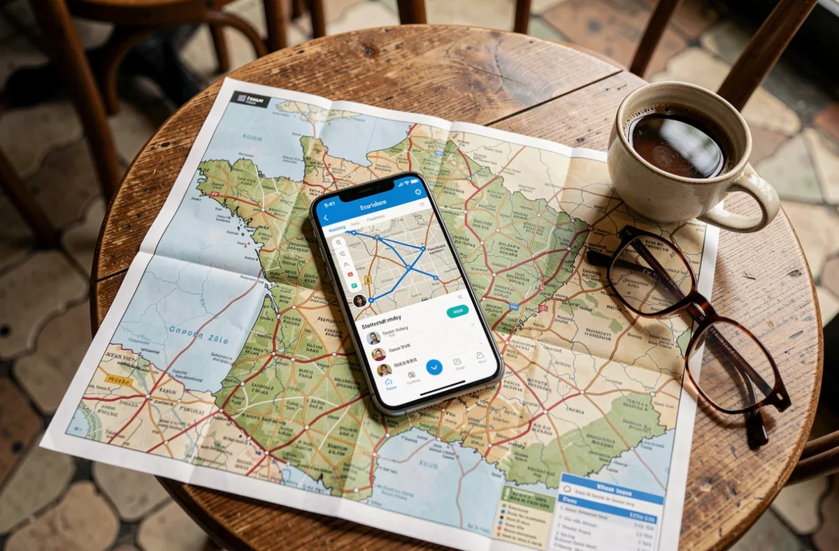 Comparaison entre carte routière papier et application GPS numérique sur smartphone pour planifier un itinéraire en France