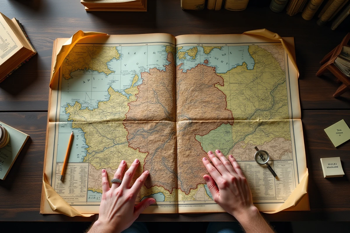 Carte topographique vintage de l'Allemagne dépliée sur une table en bois avec loupe et crayon, détaillant Alpes et fleuves
