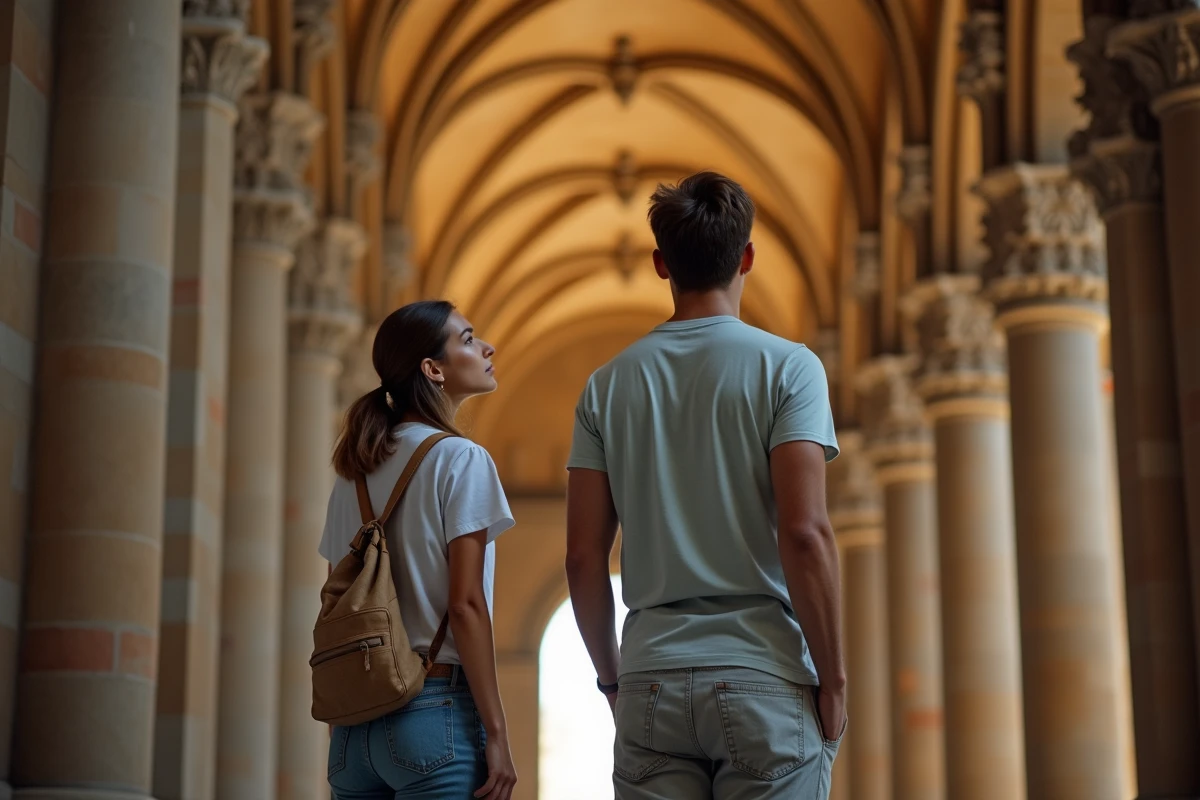 Deux touristes admirant l'intérieur frais et majestueux de la cathédrale de Malaga pour échapper à la chaleur estivale