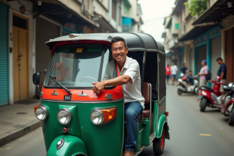 Homme filipino souriant dans un tricycle coloré à manila