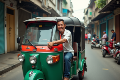 Homme filipino souriant dans un tricycle coloré à manila