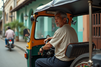 Conducteur de tuk tuk au centre de la ville animée