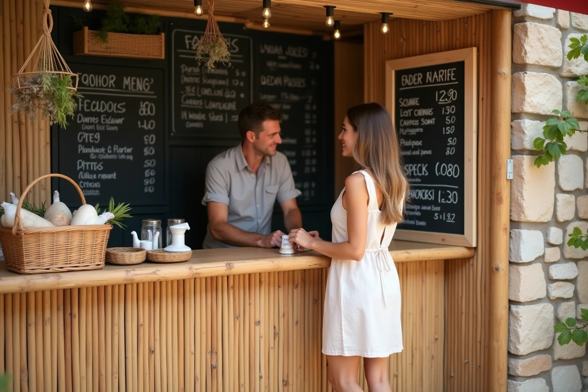 Femme consultant la carte de prix d'une paillote à Cala d'Orzu affichée sur un tableau en ardoise