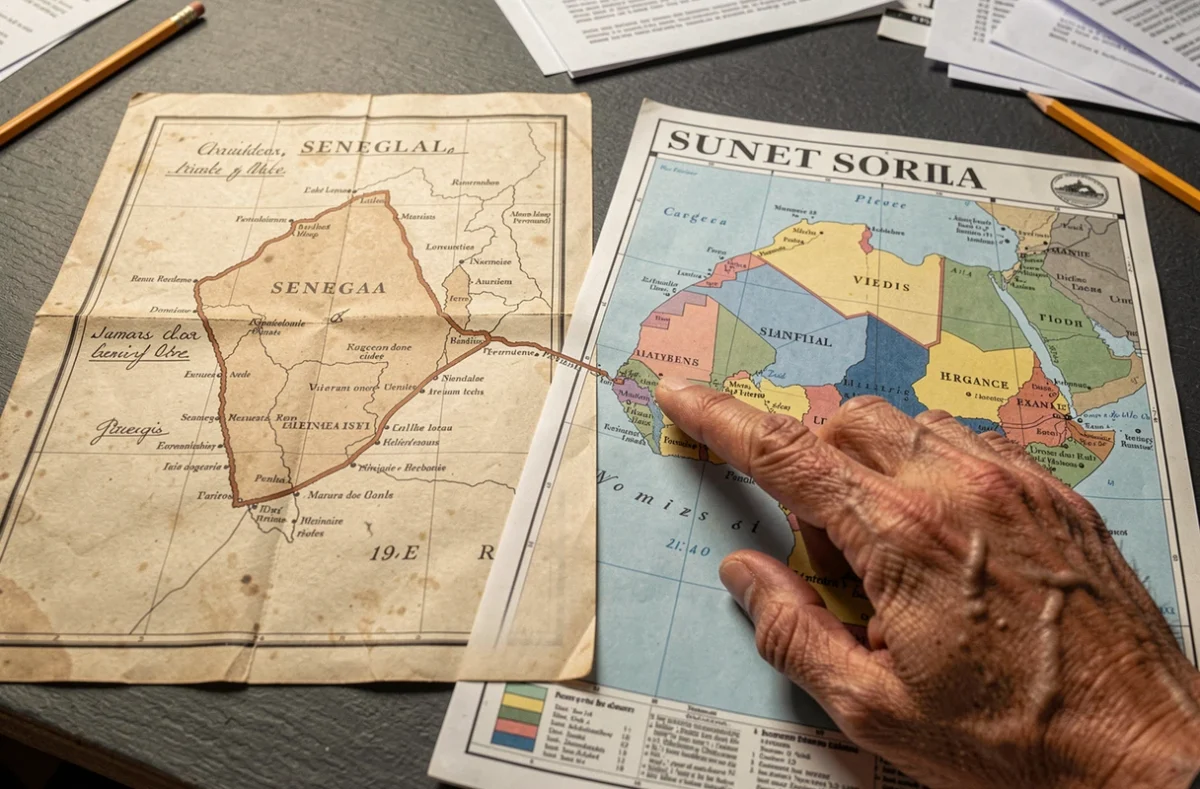 Comparaison côte à côte d'une ancienne carte du Sénégal du XIXe siècle et d'une carte moderne montrant l'évolution des frontières territoriales