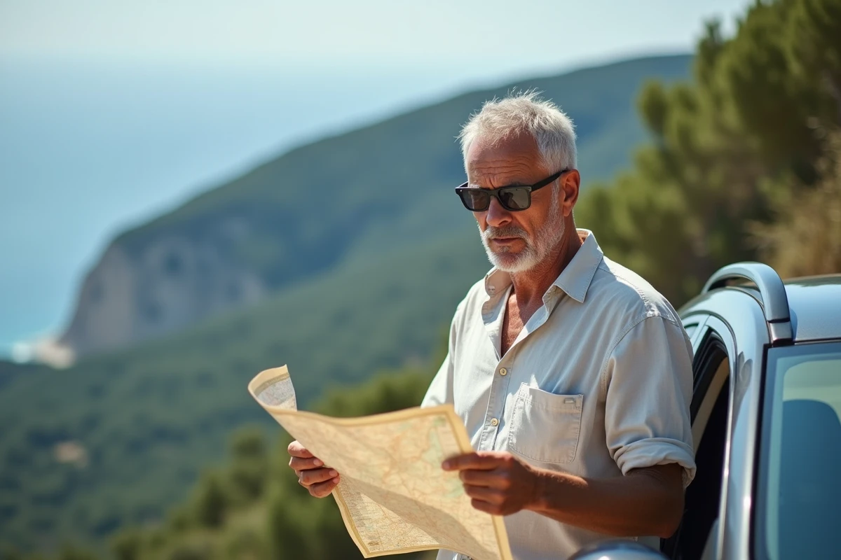 Conducteur consultant une carte routière à un belvédère sur la route Propriano Ajaccio en Corse