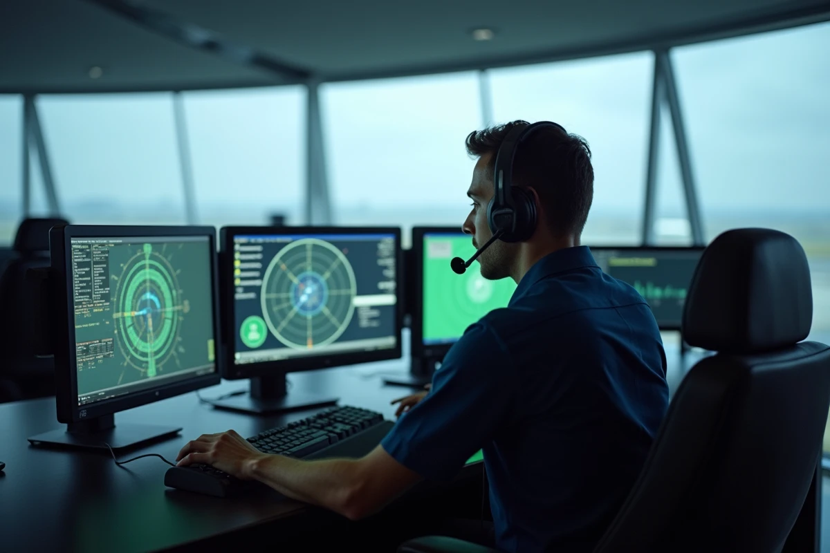 Contrôleur aérien surveillant des vols en direct sur des écrans radar dans une tour de contrôle moderne