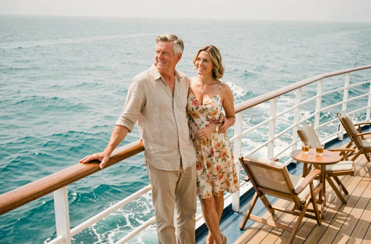 Couple de passagers sur le balcon d'une cabine de croisière avec vue sur la mer turquoise