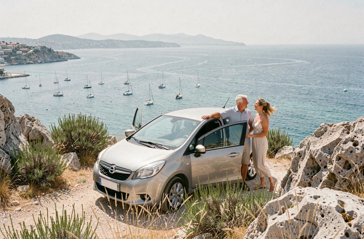 Couple admirant une vue panoramique sur une baie méditerranéenne depuis un belvédère rocheux lors d'un road trip en voiture