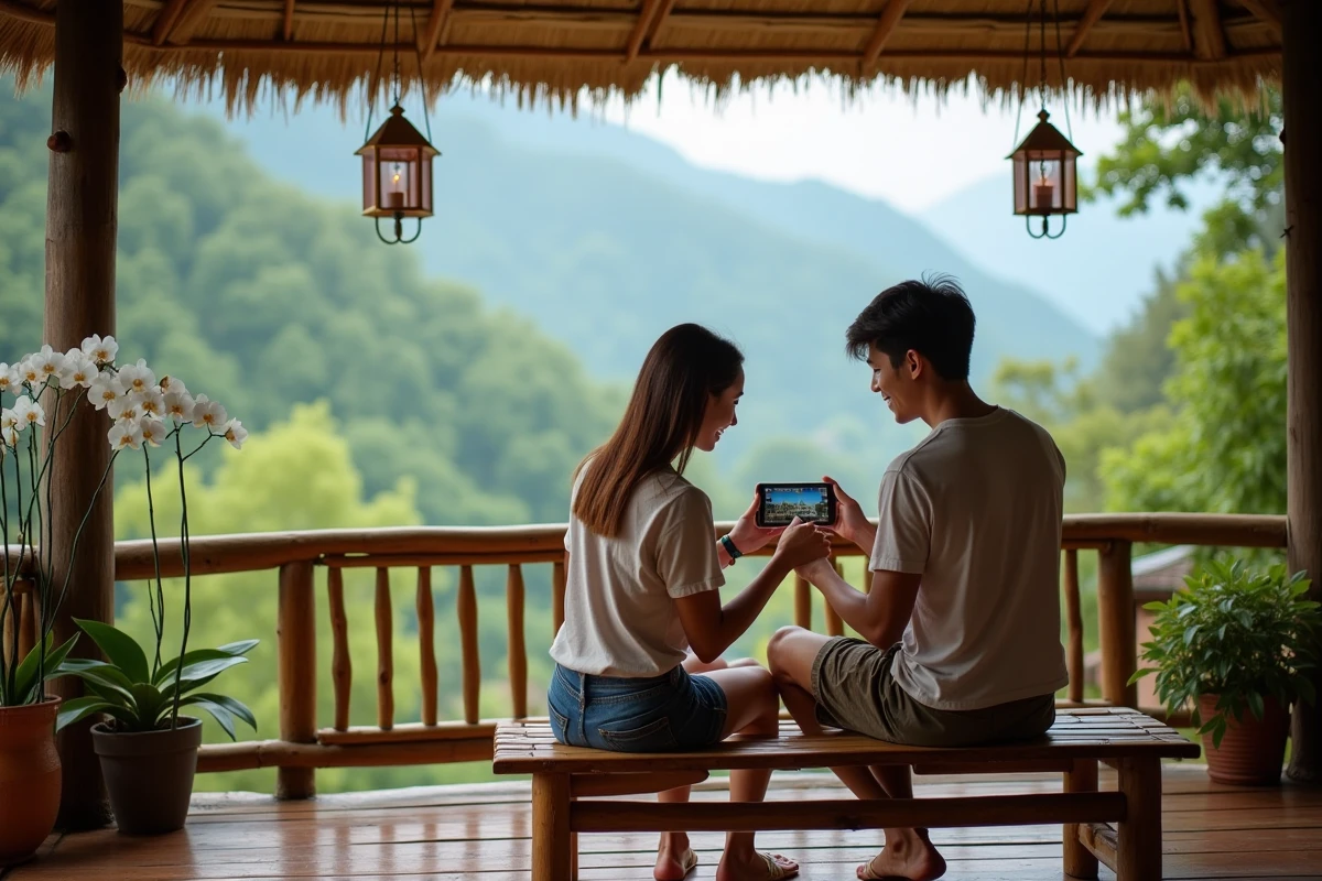 Couple de voyageurs consultant un blog sur la Thaïlande sur smartphone depuis une guesthouse à Pai