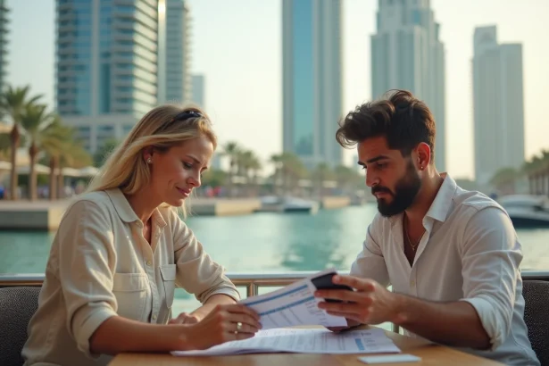 Couple vérifiant leur budget de voyage à Dubaï Marina depuis un café en terrasse avec itinéraire et smartphone