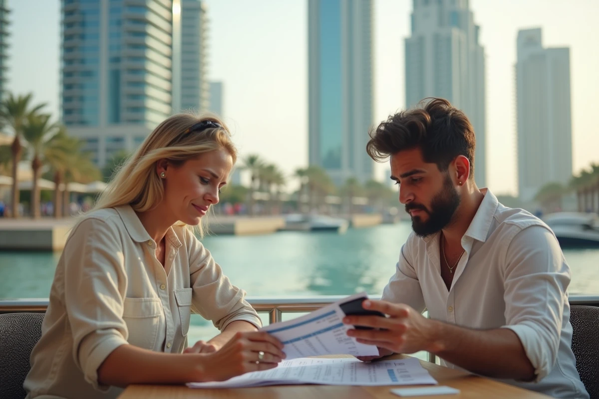 Couple vérifiant leur budget de voyage à Dubaï Marina depuis un café en terrasse avec itinéraire et smartphone