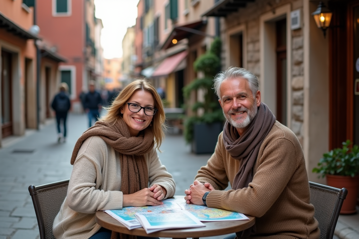 Couple souriant dans un café de Venise avec guide et cartes