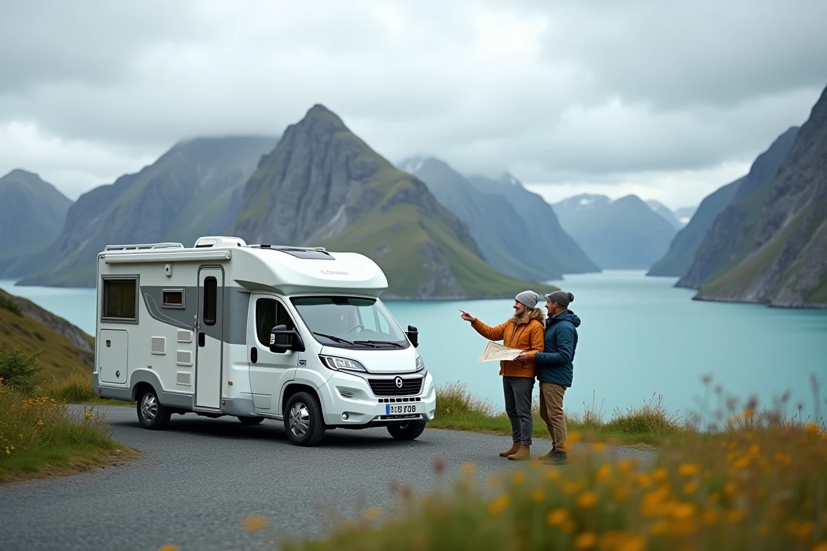 Couple souriant devant leur van aux fjords de Lofoten