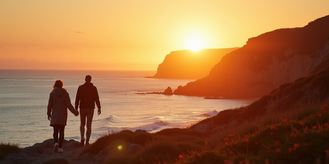 Couple marchant sur la côte bretonne au coucher du soleil