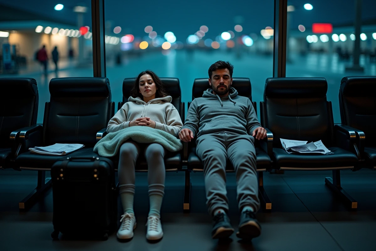 Couple épuisé tentant de dormir dans un aéroport pendant une longue escale nocturne sur le trajet Paris Hong Kong, illustrant la fatigue liée aux vols avec correspondance