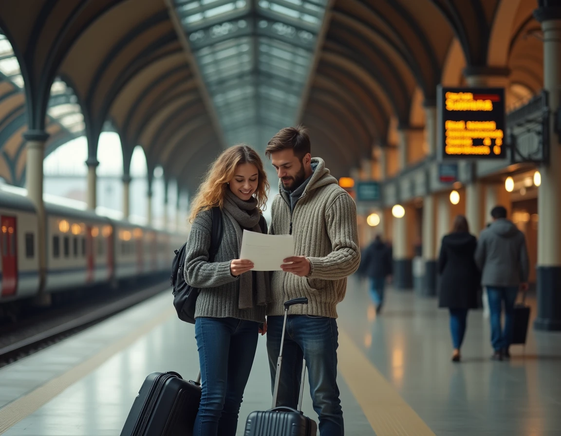 Couple de voyageurs sur le quai d'une grande gare internationale consultant leur itinéraire de train vers Ljubljana