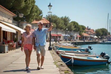 Couple souriant marchant au port de Cotinière