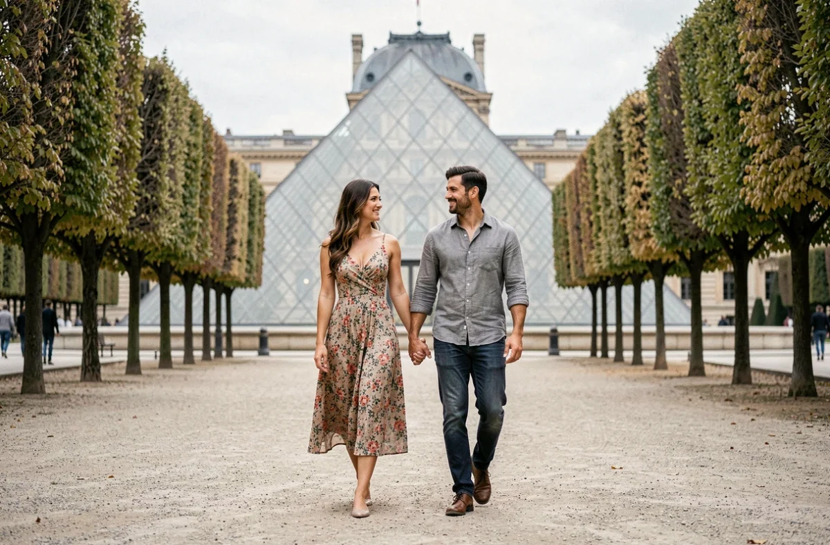 Couple se promenant dans le Jardin des Tuileries avec le Louvre en arrière-plan à Paris