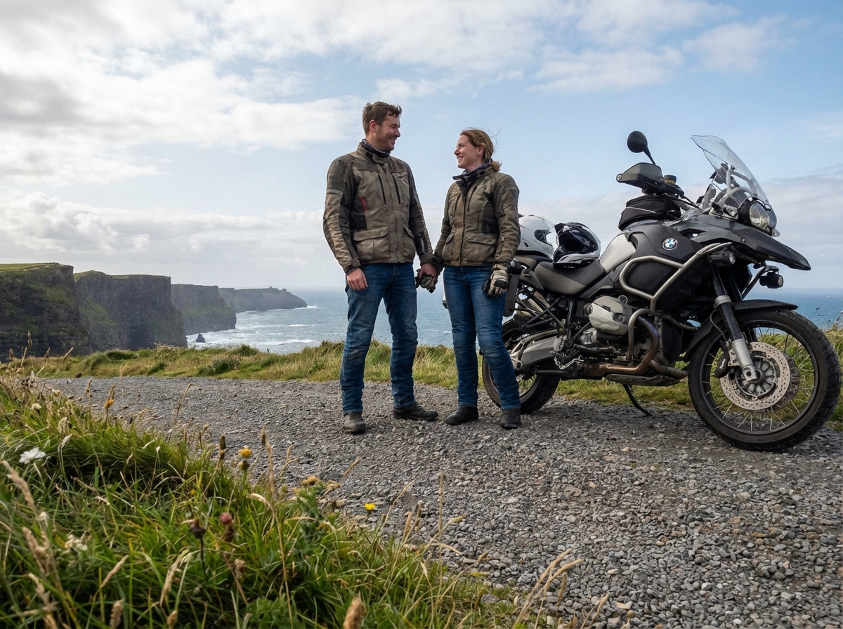 Couple en moto sur une route côtière sauvage