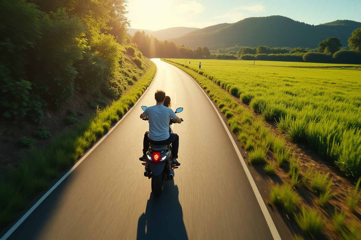 Couple à moto sur route rurale en pleine nature