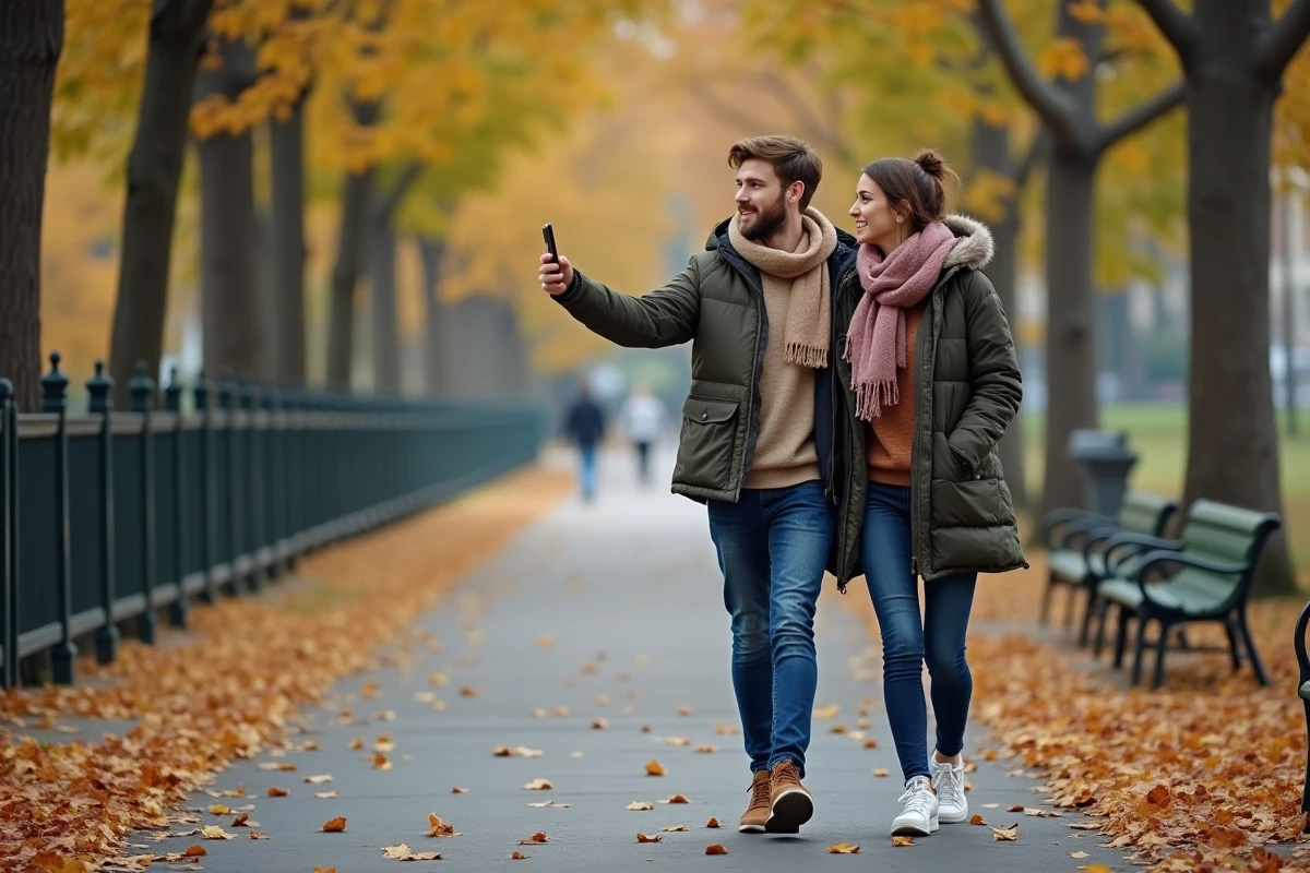 Couple naviguant à pied dans un parc urbain grâce à une application d'itinéraire piéton