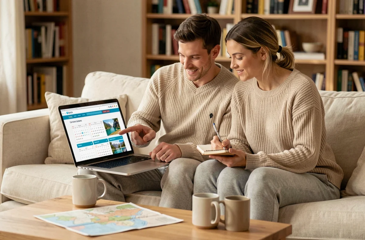 Couple planifiant ensemble leurs prochains voyages sur un site de comparaison de vols, optimisant dates et destinations