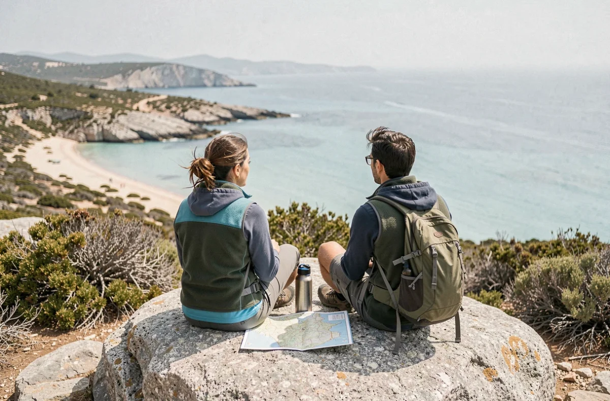 Couple de randonneurs observant les criques sauvages du Désert des Agriates depuis un rocher granitique avec une carte dépliée, côte nord de la Corse