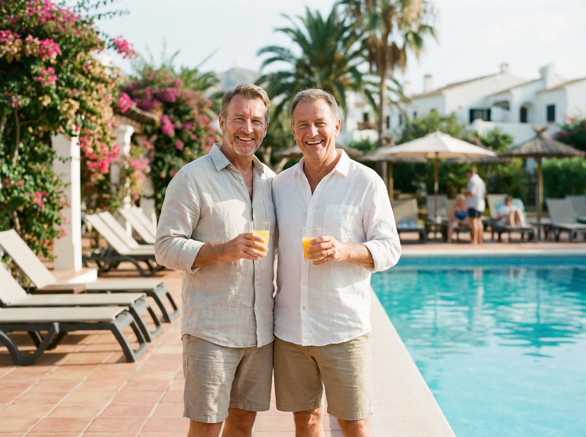 Couple souriant au bord de la piscine en Espagne