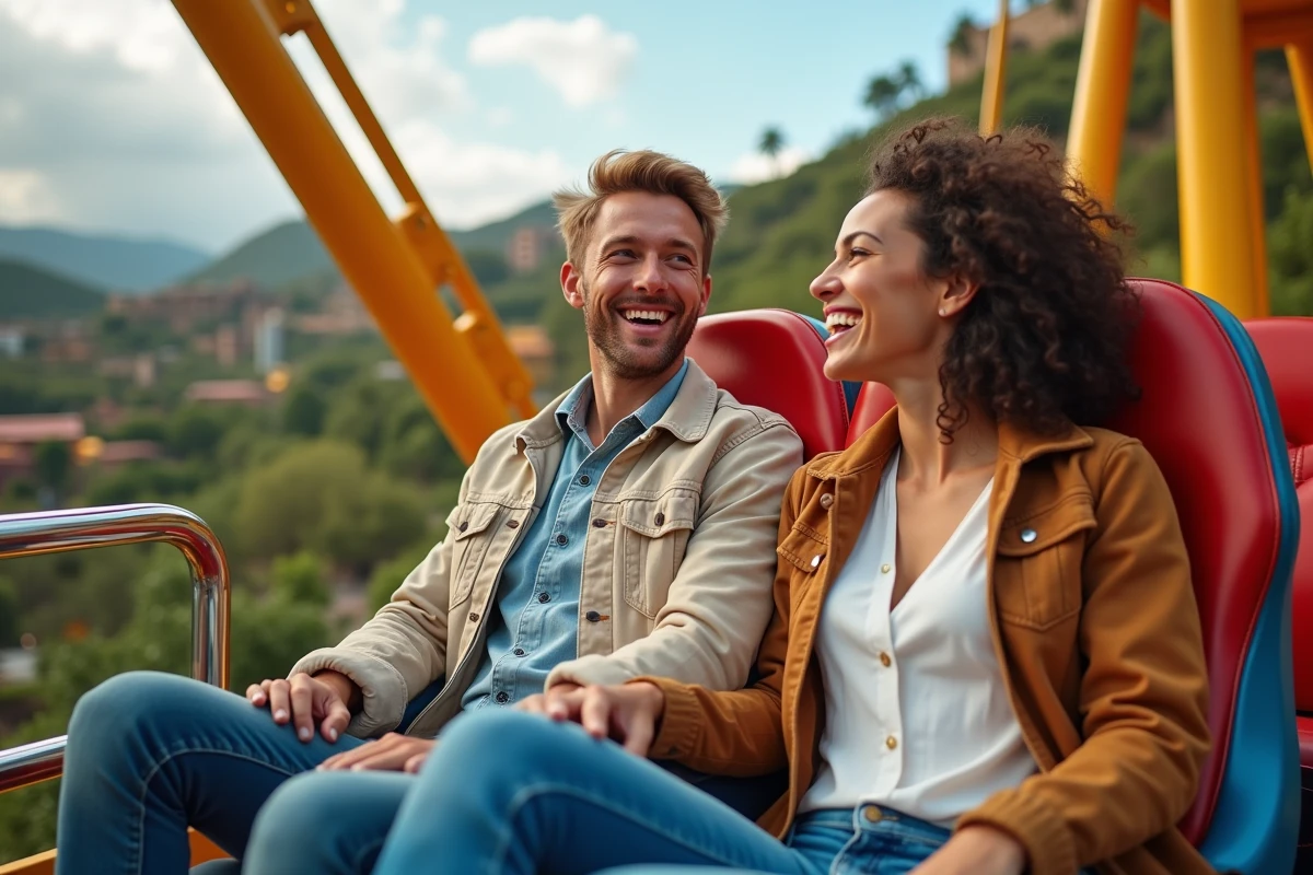Jeune couple riant sur une attraction à PortAventura