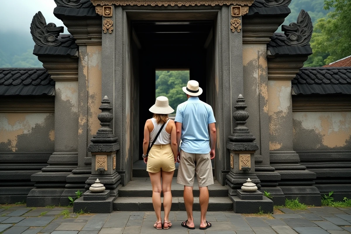 Couple européen admirant des sculptures dans un temple balinais