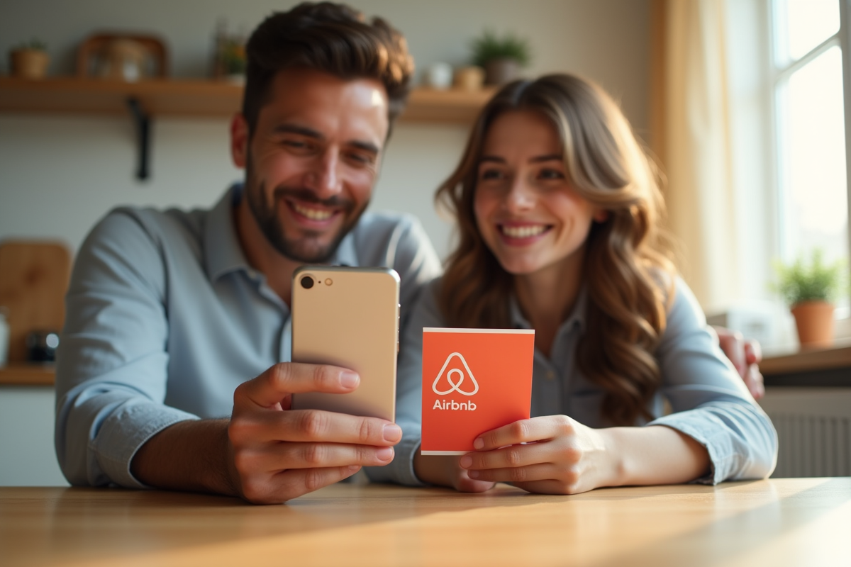Jeune couple avec bons vacances France et smartphone