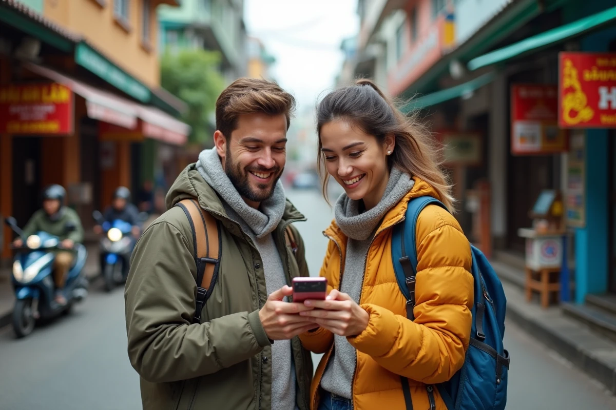 Couple de voyageurs comparant des options de données mobiles eSIM dans une rue animée d'Asie du Sud-Est