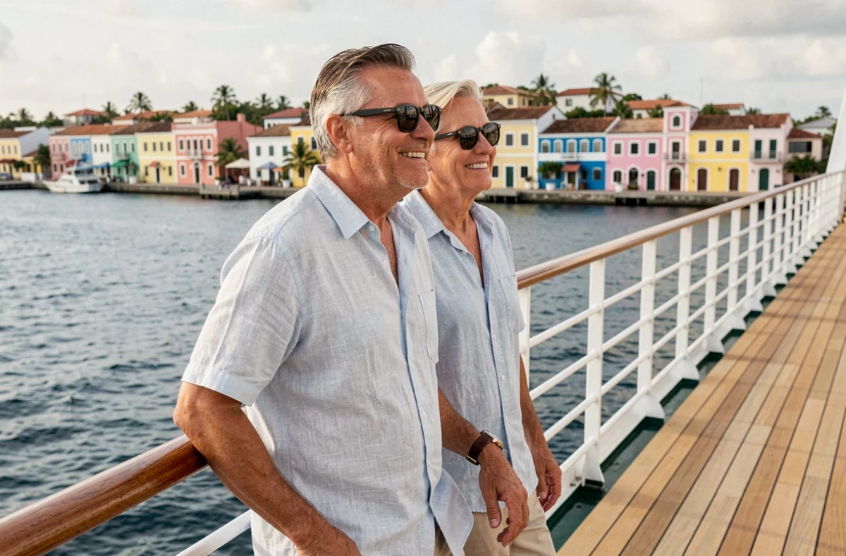 Couple de voyageurs appuyés sur le bastingage d'un navire de croisière admirant un port caribéen coloré