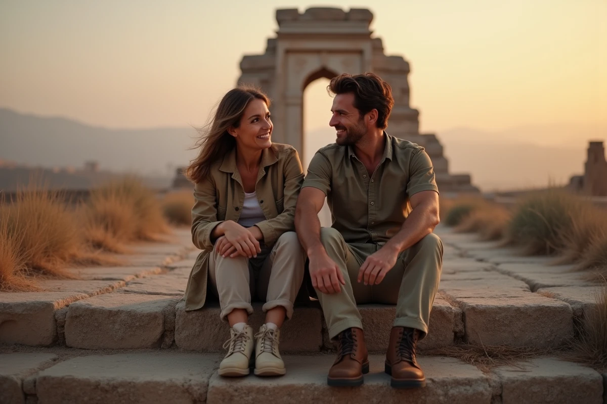 Couple de voyageurs fatigués assis sur des marches de ruines antiques au crépuscule, moment de silence et de sérénité partagée