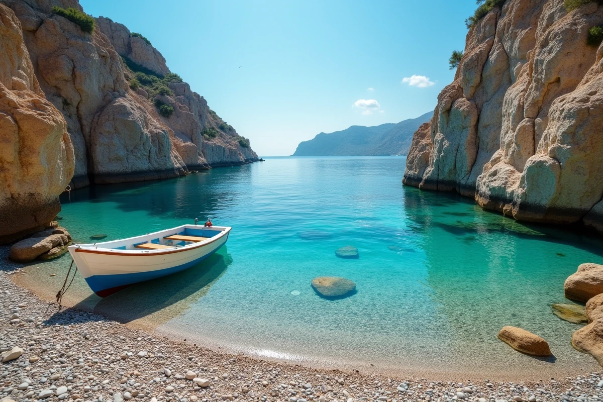 Crique isolée avec eau turquoise et barque de pêche traditionnelle sur l'île de Folégandros en Grèce