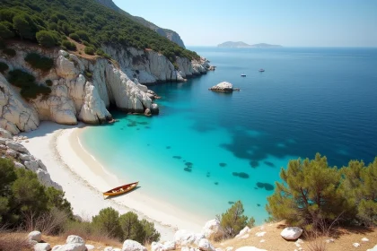 Crique sauvage de Corse avec eau turquoise et rochers de granit blanc, plage préservée et kayak en bois sur le sable