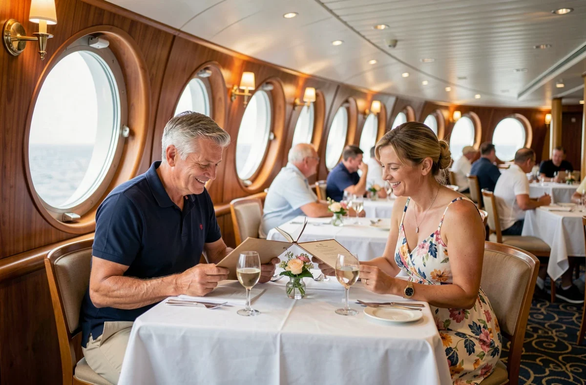 Couple de touristes dînant dans le restaurant d'un paquebot de croisière en Méditerranée avec décor élégant