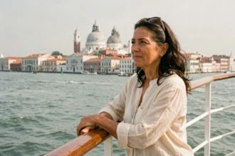 Femme en croisière sur un paquebot avec vue panoramique sur Venise et la lagune depuis le pont du navire