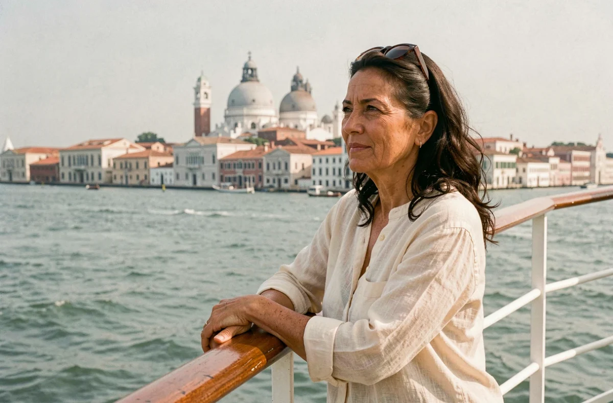 Femme en croisière sur un paquebot avec vue panoramique sur Venise et la lagune depuis le pont du navire