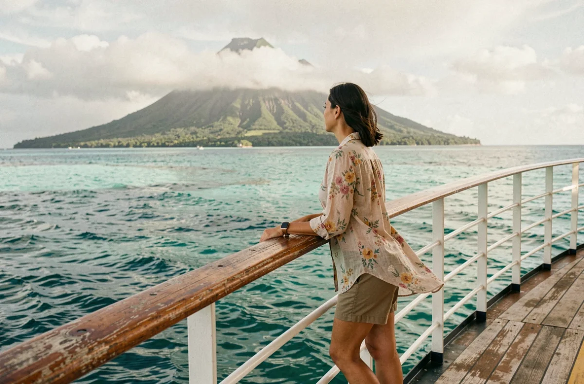 Femme admirant le lagon turquoise de Polynésie française depuis le pont d'un bateau de croisière