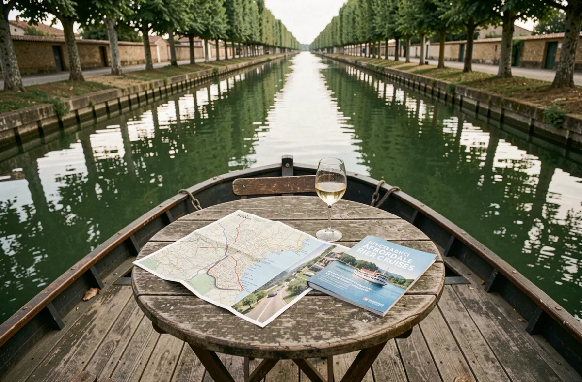 Table sur un bateau fluvial avec carte des voies navigables françaises sur le Canal du Midi