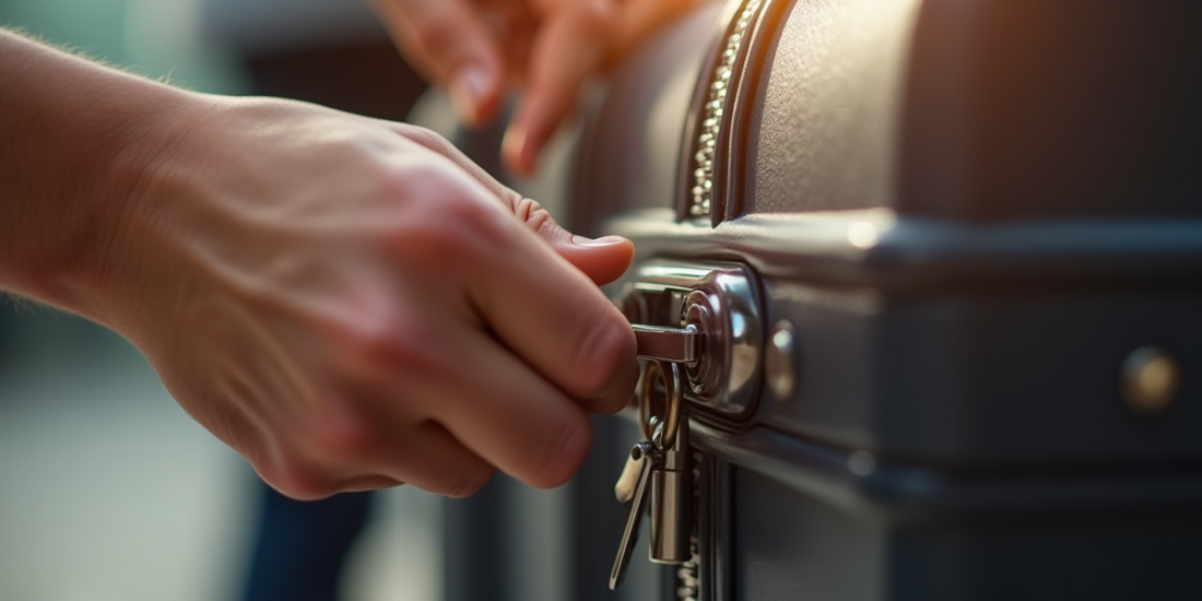 Mains essayant d'ouvrir une valise verrouillee en plein jour