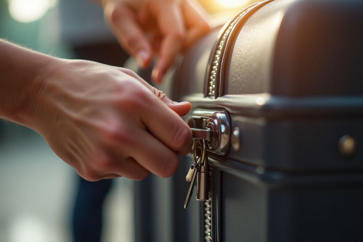 Mains essayant d'ouvrir une valise verrouillee en plein jour