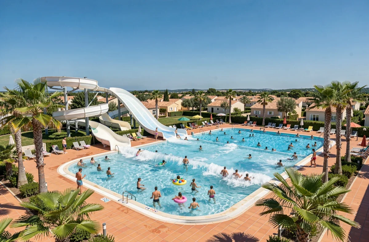 Parc aquatique du Domaine du Colombier à Fréjus avec toboggans et piscines entourés de palmiers