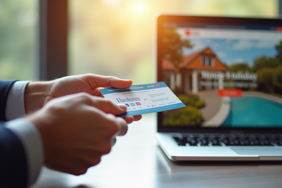Mains échangeant bons vacances France près ordinateur