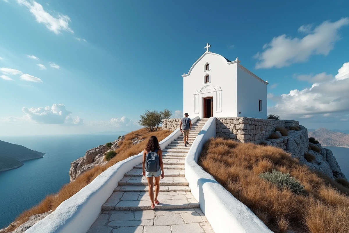 Église Panagia sur les hauteurs de Folégandros avec couple de voyageurs sur le chemin de randonnée